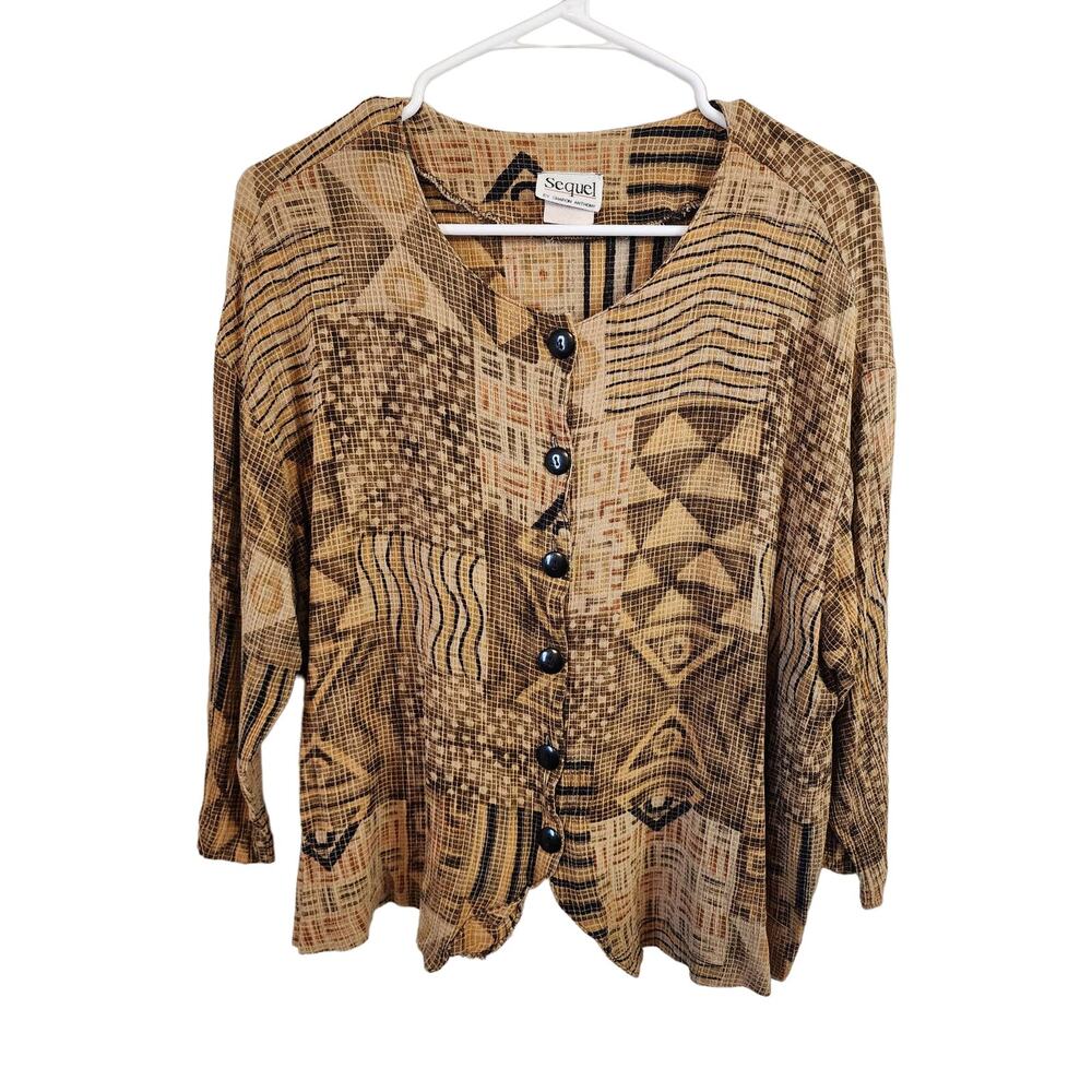 VTG SEQUEL BY SHARON ANTHONY 3/4 Slv Button Up Brown Print Hi-Low Hem Women SZ L